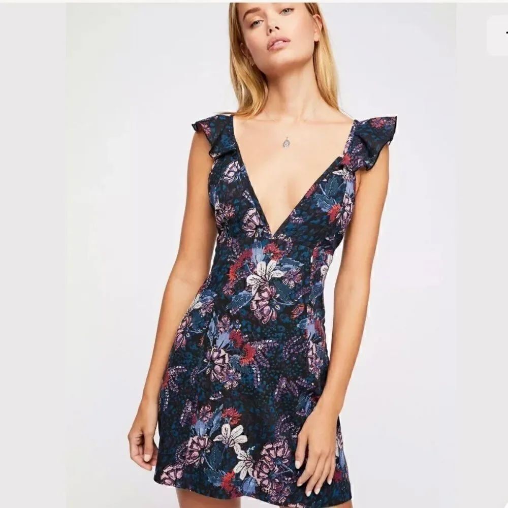 FREE PEOPLE JOSIE DEEP V FLORAL ANIMAL MINI DRESS